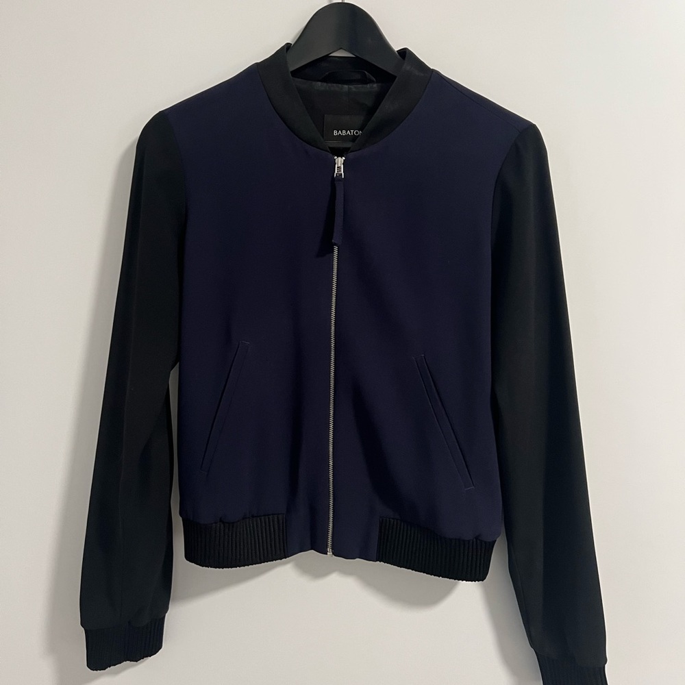 Babaton from Aritzia black and navy silk bomber style jacket